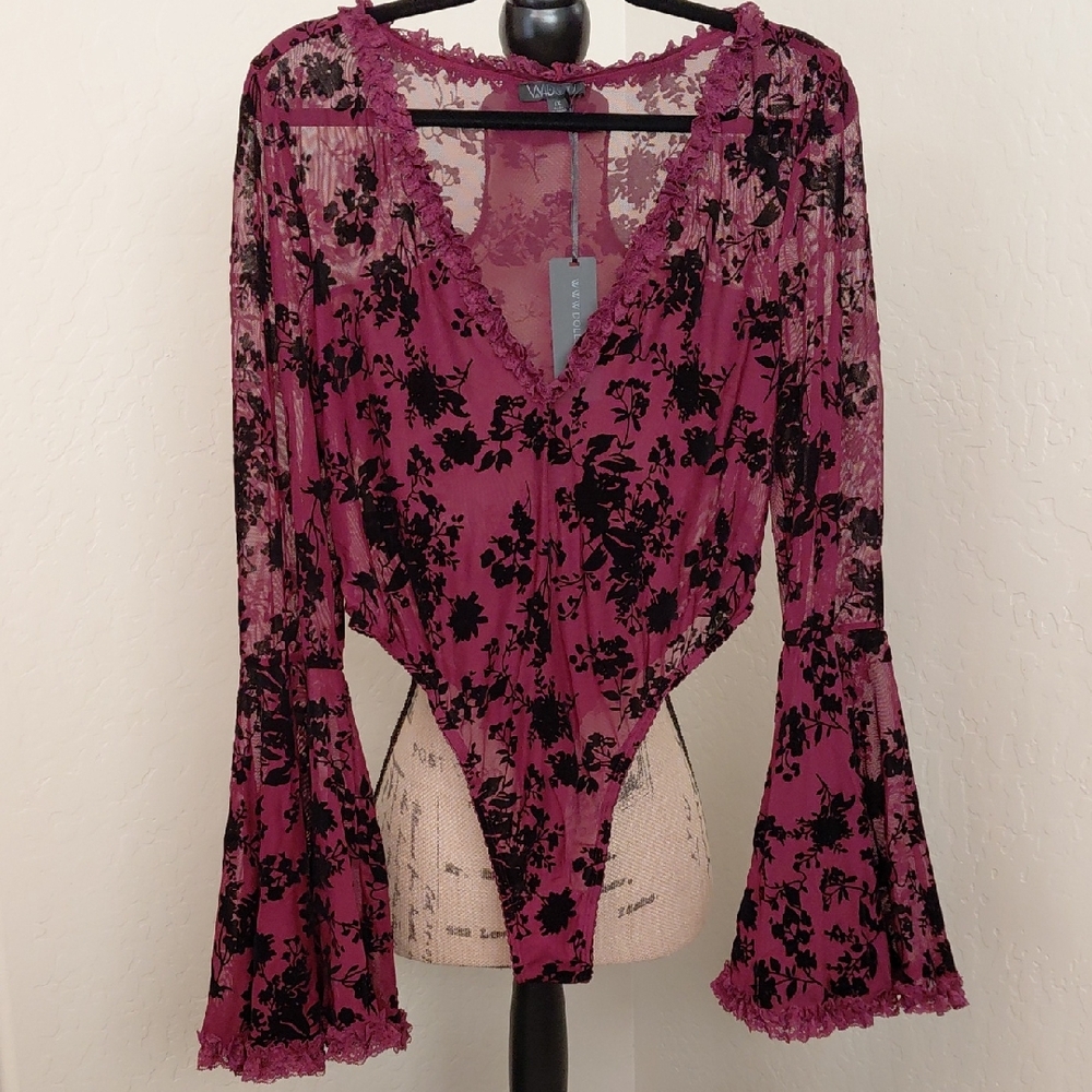 Dolls Kill Widow Burgundy Floral Bell Sleeve Sheer Bodysuit NWT